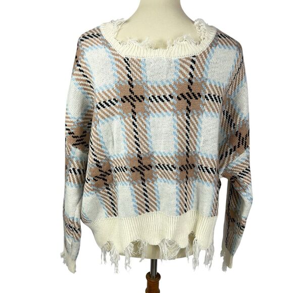 NEW Just Polly Junior Plaid Distressed V-Neck Fringe Boxy Pullover Sweater Large - Picture 3 of 10